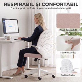 HOMCOM Scaun de Birou Ergonomic cu Brațe Rabatabile și Înălțime Reglabilă, Mesh Respirabil,  60,5x54x99 cm, Roz | Aosom Romania