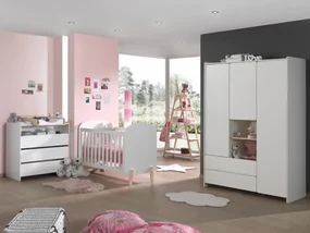 Set Mobilier Kiddy pentru Camera Bebelușului – Pătuț 60x120 cm, Comodă, Placă de Înfășat, Dulap 3 Uși &amp; Bibliotecă – Alb – Vipack