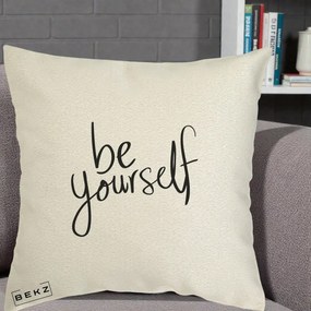 Perna Decorativa Be Yourself Caligrafie Neagra, 40x40 cm, Ecru, Husa Detasabila, Perna Inclusa, BEKZ®