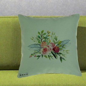 Perna Decorativa Buchet Flori Acuarela Roz-Verde, 40x40 cm, Verde, Husa Detasabila, Perna Inclusa, BEKZ®