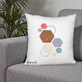 Perna Decorativa Geometric Hexagoane Multicolor, 40x40 cm, Alb Pufos, Husa Detasabila, Perna Inclusa, BEKZ®