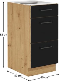 Dulap inferior cu sertare, stejar artizan/ negru mat, MONRO 40 D 3S BB