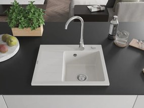 Mexen Ben chiuvetă de granit cu 1 cuvă, cu scurgător, dreapta, 600 x 500 mm, albă, sifon cromat - 6523605000-20