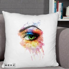 Perna Decorativa Ochi Verde Acuarela, 40x40 cm, Alb Pufos, Husa Detasabila, Perna Inclusa, BEKZ®