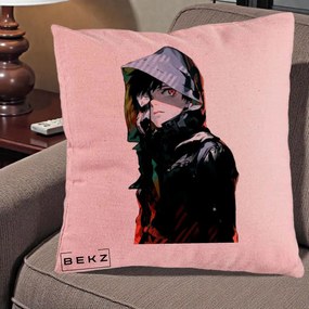 Perna Personalizata Tokyo Ghoul Ken Kaneki cu Masca si Gluga, 40x40 cm, Roz, Husa Detasabila, Perna Inclusa, BEKZ®