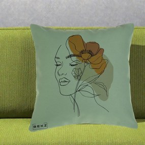 Perna Decorativa Portret Feminin Mac Mare Portocaliu, 40x40 cm, Verde, Husa Detasabila, Perna Inclusa, BEKZ®