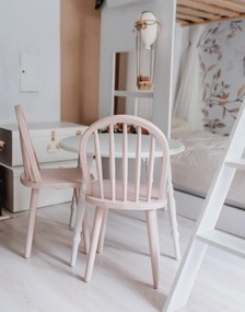 Masa rotunda alba cu 2 scaune copii, spatar curbat, roz