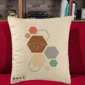 Perna Decorativa Geometric Hexagoane Multicolor, 40x40 cm, Bej, Husa Detasabila, Perna Inclusa, BEKZ®