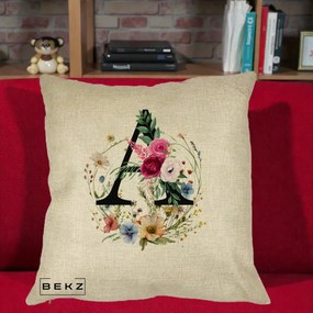 Cadou Personalizat - Perna Personalizata Monogram Litera A cu Flori Acuarela, 40x40 cm, Crem, Husa Detasabila, Perna Inclusa, BEKZ®