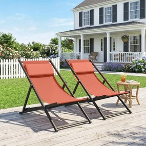 Outsunny Set de 2 șezlonguri, șezlong pliabil cu tetieră din textilene reglabil 60 x 100 x 85 cm, roșu cărămiziu | Aosom Romania