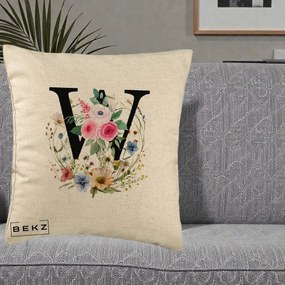 Cadou Personalizat - Perna Personalizata Monograma Florala Litera W, 40x40 cm, Bej, Husa Detasabila, Perna Inclusa, BEKZ®