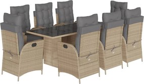 vidaXL Set de masă pentru grădină, 9 piese, cu perne, bej, poliratan