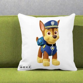 Perna Personalizata Chase PAW Patrol Albastru, 40x40 cm, Alba Mata, Husa Detasabila, Perna Inclusa, BEKZ®