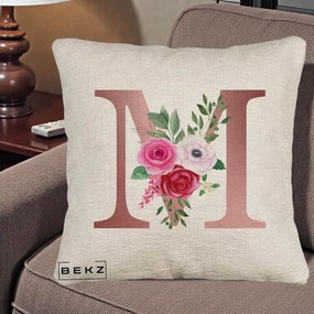Cadou Personalizat - Perna Personalizata Monograma Rose Gold Litera M cu Trandafiri, 40x40 cm, Bej Canapea, Husa Detasabila, Perna Inclusa, BEKZ®