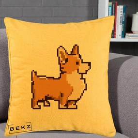 Perna Personalizata Corgi Pixel Art, 40x40 cm, Galben, Husa Detasabila, Perna Inclusa, BEKZ®