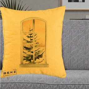 Perna Decorativa Fereastra cu Brad de Iarna, 40x40 cm, Galben, Husa Detasabila, Perna Inclusa, BEKZ®