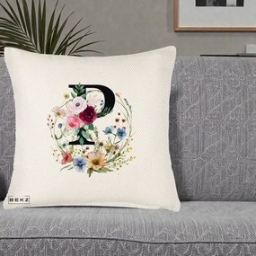 Cadou Personalizat - Perna Personalizata Monogram Litera P cu Flori Acuarela, 40x40 cm, Crem Reliefat, Husa Detasabila, Perna Inclusa, BEKZ®