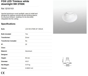 Spot LED dimabil / incastrabil tavan / plafon FOX TRIMLESS alb 5W