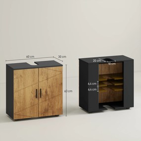 kleankin Mobilier sub vas lavabo mobilier de baie 2 usi cu raft 60 x 30 x 60 cm antracit si aspect lemn | Aosom Romania