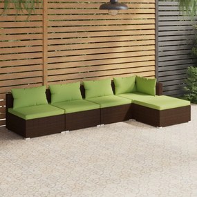 Set mobilier de gradina cu perne, 5 piese, maro, poliratan maro si verde, colt + 3x mijloc + suport pentru picioare, 1