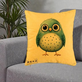 Perna Decorativa Pasare Teal cu Buline Teal, 40x40 cm, Galben, Husa Detasabila, Perna Inclusa, BEKZ®