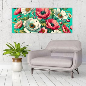 Tablou - Flori pe fundal albastru (120x50 cm)