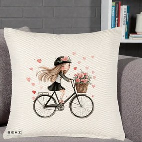 Perna Decorativa Fetita Kawaii pe Bicicleta cu Trandafiri si Inimioare, 40x40 cm, Crem Reliefat, Husa Detasabila, Perna Inclusa, BEKZ®