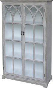 Vitrină gri antichizată din lemn cu uși vitrate și arcade gotice, finisaj gri, 4 rafturi, 154×90×37 cm, „Cathédrale"