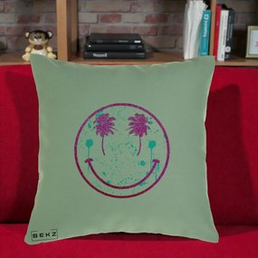 Perna Decorativa Smiley Face Tropical Glitter Roz, 40x40 cm, Verde, Husa Detasabila, Perna Inclusa, BEKZ®