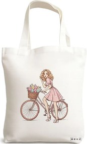 Sacosa de Panza pentru Cumparaturi, Geanta Tote, model Rose bicycle 38 x 34.5 cm, Alba, BEKZ®