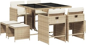 vidaXL Set de masă pentru grădină, 9 piese, cu perne, bej, poliratan