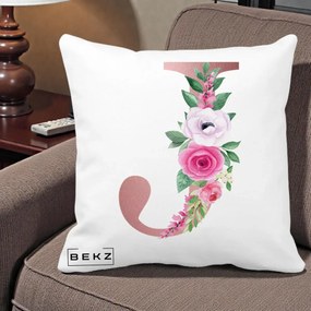 Cadou Personalizat - Perna Personalizata Monograma Rose Gold Litera J, 40x40 cm, Alba Mata, Husa Detasabila, Perna Inclusa, BEKZ®