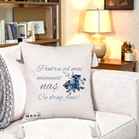 Cadou pentru Nas - Perna Personalizata Pentru Cel mai Minunat Nas Cu drag Finii, 40x40 cm, Bej cu Franjuri, Husa Detasabila, Perna Inclusa, BEKZ®