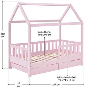 Patut Marli 90 x 200 cm cu 2 sertare si grilaj sipci - roz