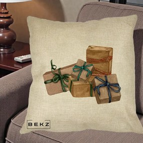 Perna Decorativa Cadouri de Craciun Kraft, 40x40 cm, Crem, Husa Detasabila, Perna Inclusa, BEKZ®