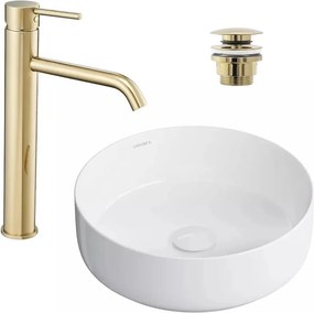Pachet lavoar pe blat Omnires Tulsa alb 36 cm, baterie lavoar Rea Lungo auriu si ventil lavoar Click-Clack auriu