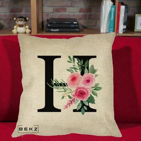 Cadou Personalizat - Perna Personalizata Monograma Florala Litera H cu Trandafiri Roz, 40x40 cm, Crem, Husa Detasabila, Perna Inclusa, BEKZ®