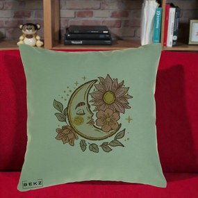 Perna Personalizata Luna Boho Chip Floral, 40x40 cm, Verde, Husa Detasabila, Perna Inclusa, BEKZ®