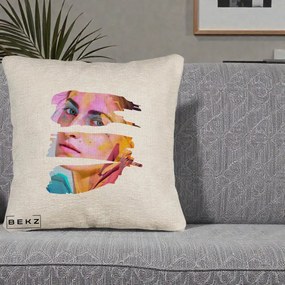 Perna Decorativa Portret Femeie Fragmentat Colorat, 40x40 cm, Bej Canapea, Husa Detasabila, Perna Inclusa, BEKZ®