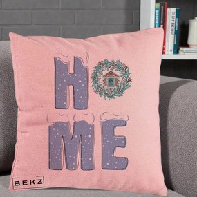 Perna Decorativa HOME Iarna cu Coroana, 40x40 cm, Roz, Husa Detasabila, Perna Inclusa, BEKZ®