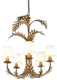 Candelabru auriu cu abajur plisat din material textil crem cu 5 lumini - Botanica