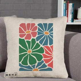 Perna Decorativa Flori Grafice Verde-Roz-Albastru, 40x40 cm, Bej Canapea, Husa Detasabila, Perna Inclusa, BEKZ®