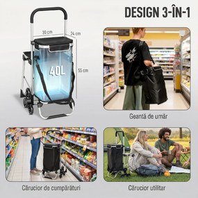 HOMCOM Cărucior de Cumpărături cu Geantă Impermeabilă de 40L, 46x59.5x97 cm, Negru și Argintiu | Aosom Romania