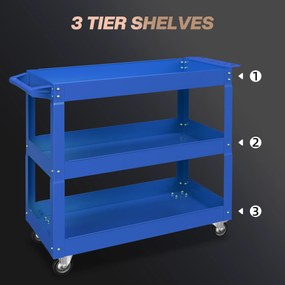 DURHAND Cărucior pentru Scule cu 3 Niveluri din Oțel cu Margini Înalte și 4 Roți Pivotante, 83 x 35.3 x 76 cm, Albastru | Aosom Romania