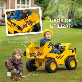 AIYAPLAY Excavator de Călărit cu Licență, cu Telecomandă, Tractor pentru Copii cu Cupă, Lopată, Muzică, Difuzor, Faruri, 110x70.5x61.5 cm, Galben