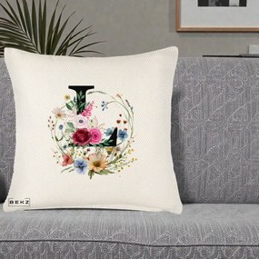 Cadou Personalizat - Perna Personalizata Monogram Litera L cu Flori Acuarela, 40x40 cm, Crem Reliefat, Husa Detasabila, Perna Inclusa, BEKZ®
