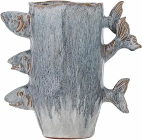 Vază decorativă albastră din ceramică cu pești sculptați, L23,5×H23×W13 cm, „Tace"