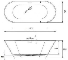 Cada baie freestanding 150 x 75 cm, ovala, acril, Marlin Bella Casa 1500x750 mm