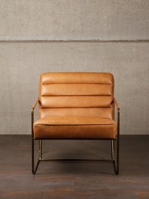 Fotoliu lounge din piele naturală top grain cognac cu structură metalică, „Makine”