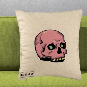 Perna Decorativa Craniu Roz Tatoo Art Halloween, 40x40 cm, Bej, Husa Detasabila, Perna Inclusa, BEKZ®